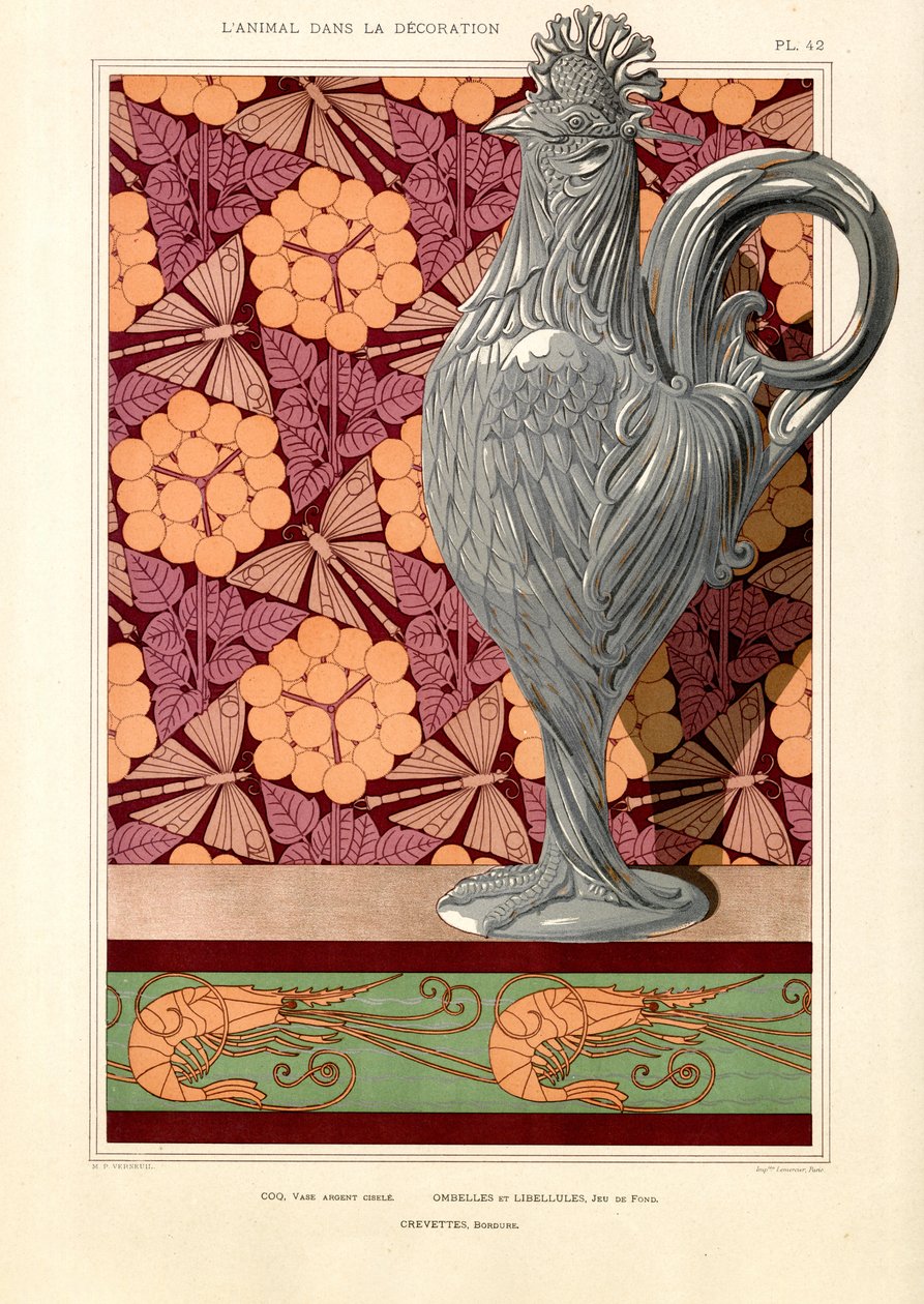 Haneformet vase med skjermblomster og rekemønster (lito) av Maurice Pillard Verneuil