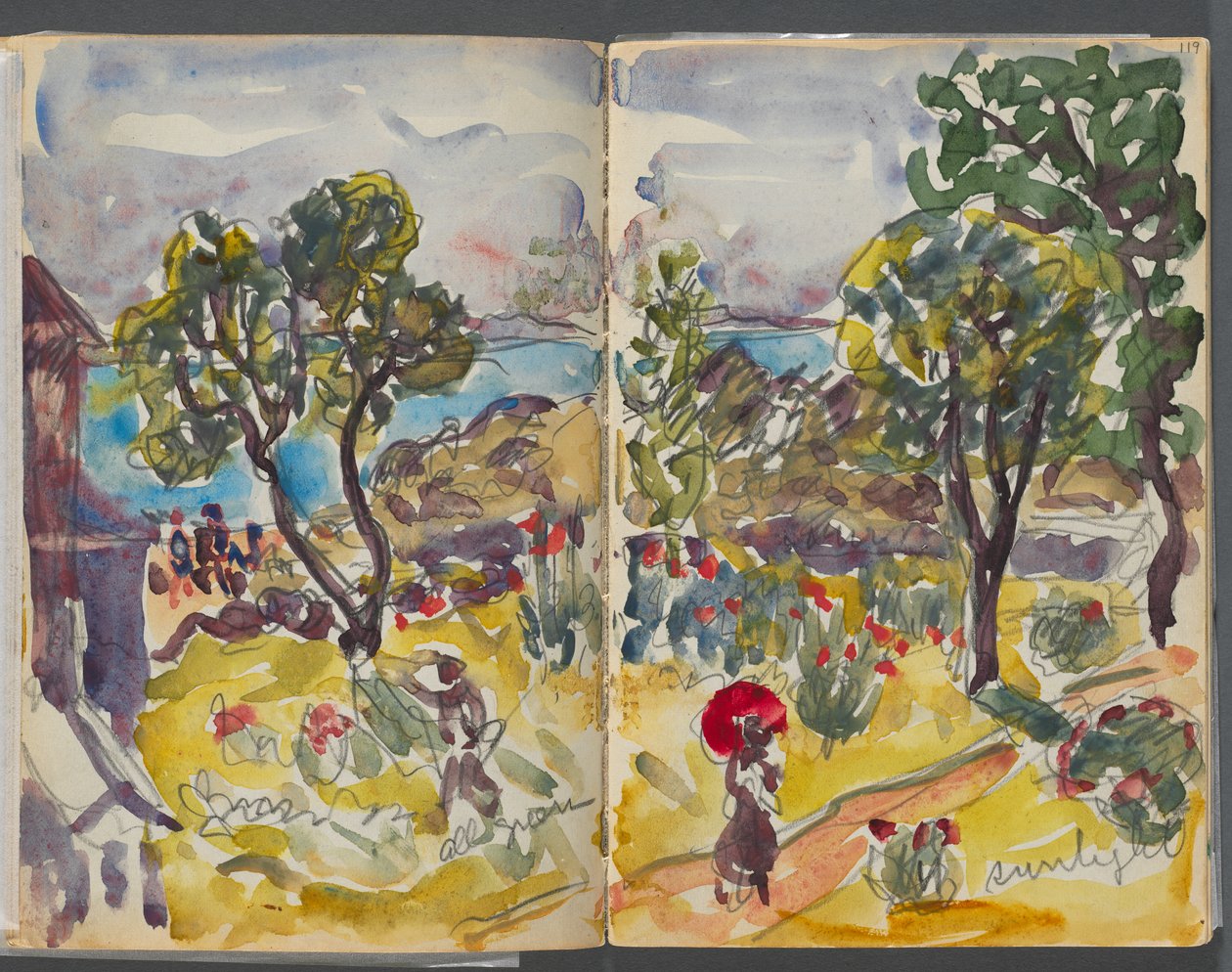 Skissebok - The Granite Shore Hotel, Rockport, side 118 og 119: hageutsikt med notater av Maurice Prendergast