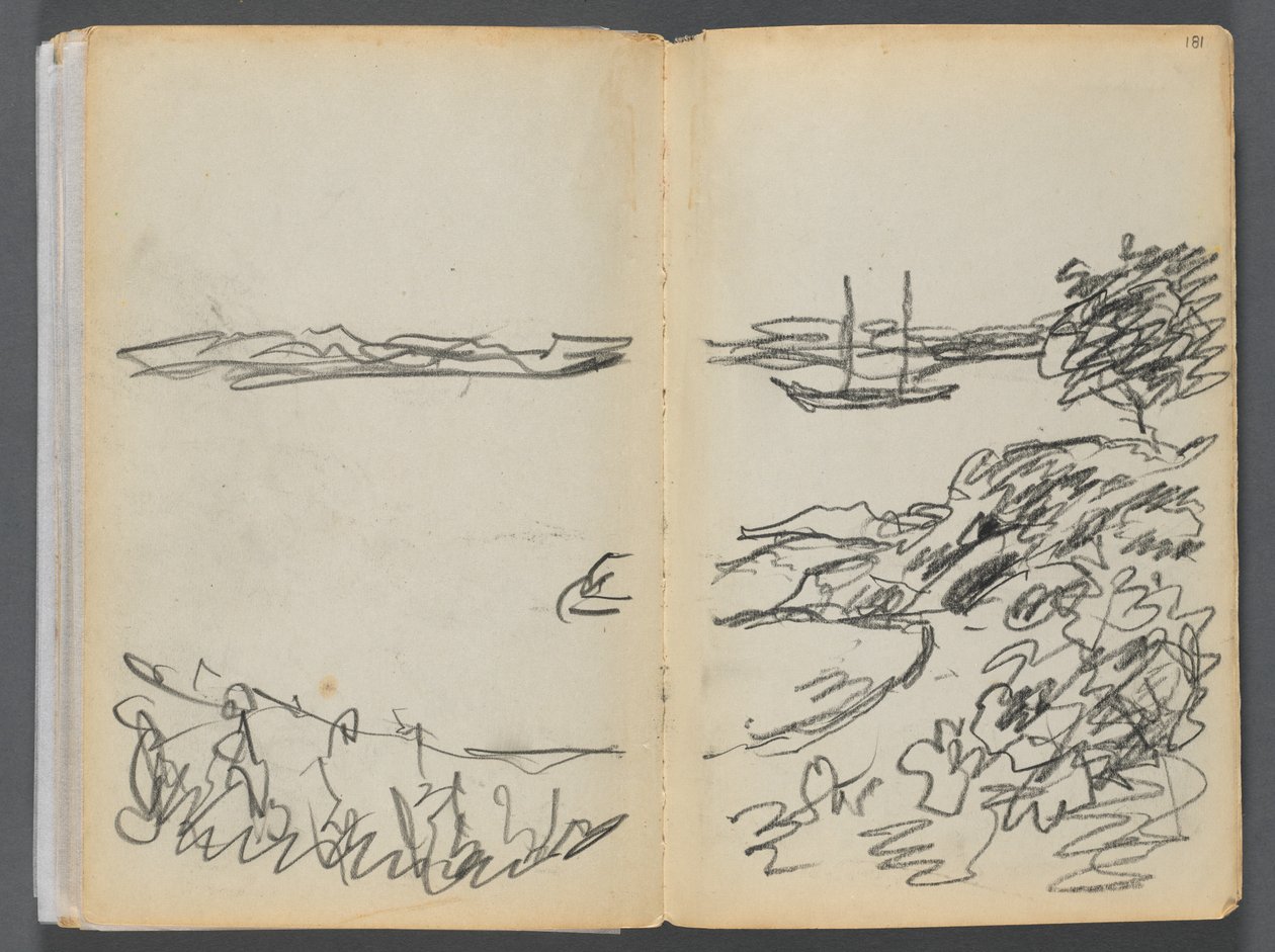 Skissebok – The Granite Shore Hotel, Rockport, side 180 og 181: Kystlinjen  av Maurice Prendergast