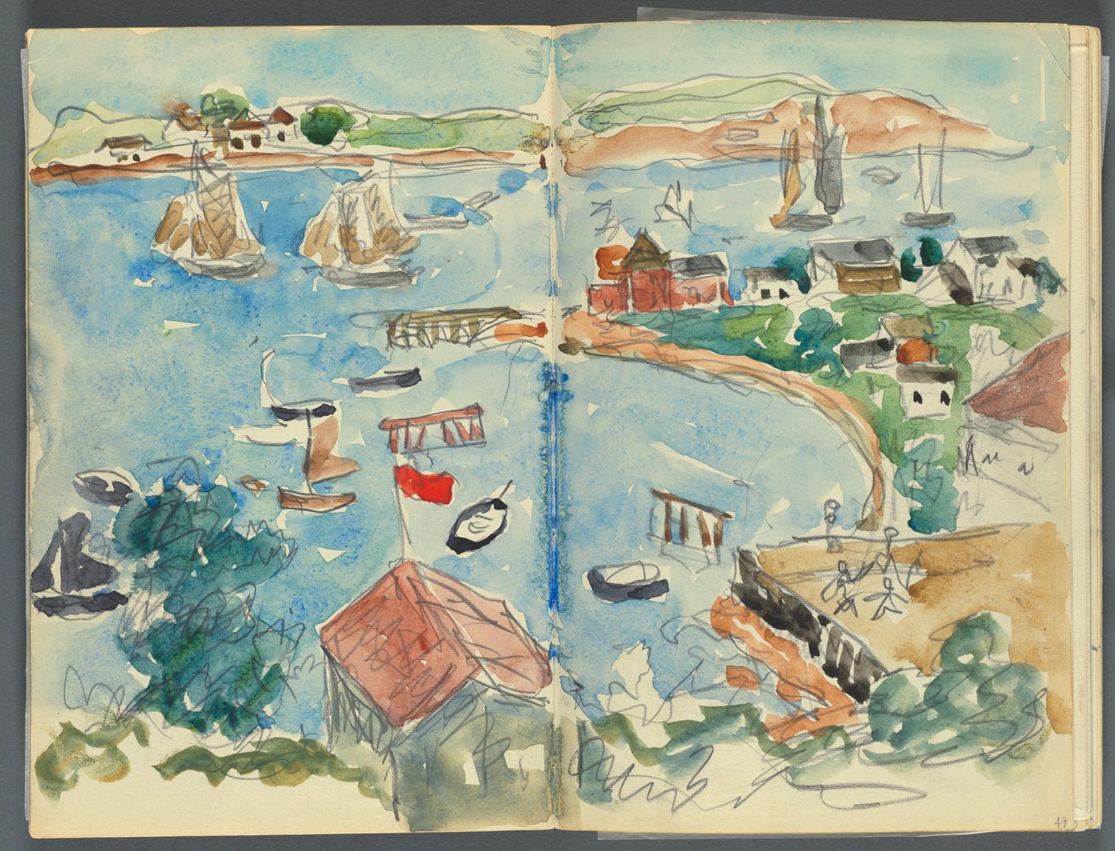 Skissebok, The Dells, nr. 127, side 048 & 49: Utsikt over en vik ovenfra av Maurice Prendergast