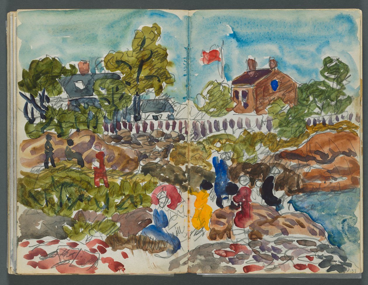 Skizzenbuch, The Dells, Nr. 127, Seite 156 & 157: Küstenlandschaft mit Figuren av Maurice Prendergast