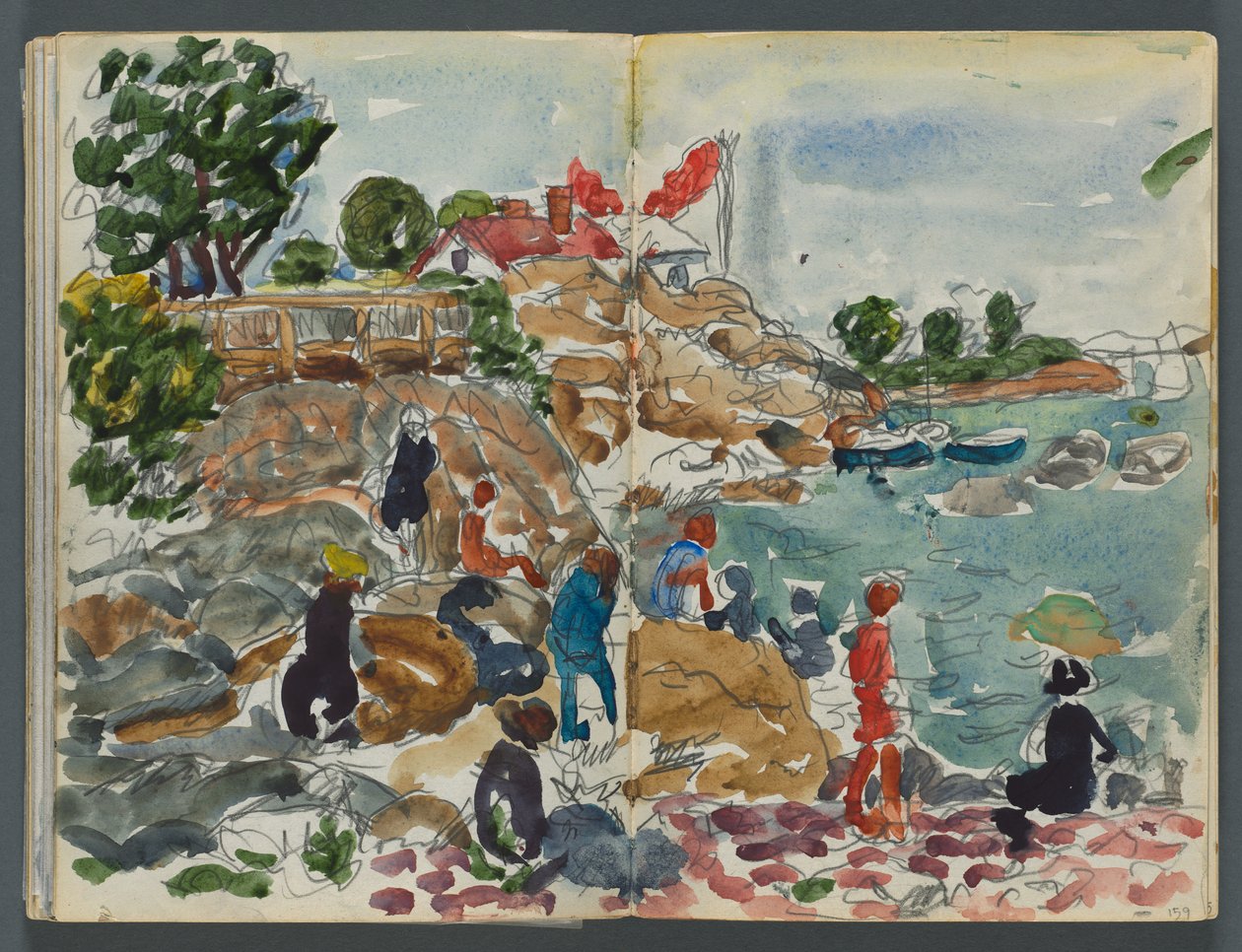 Skissebok, The Dells, nr. 127, sidene 158 og 159: Kystlandskap med figurer av Maurice Prendergast
