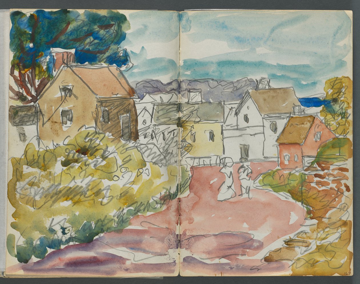 Skissebok, The Dells, nr. 127, side 166 og 167: Landsby med hus og vei av Maurice Prendergast