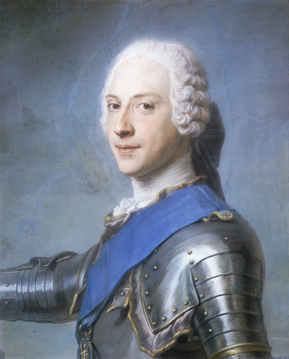Portrett av prins Charles Edward Stuart, bystelengde, i profil til venstre, hodet vendt forover, høyre arm hevet, av Maurice Quentin de La Tour