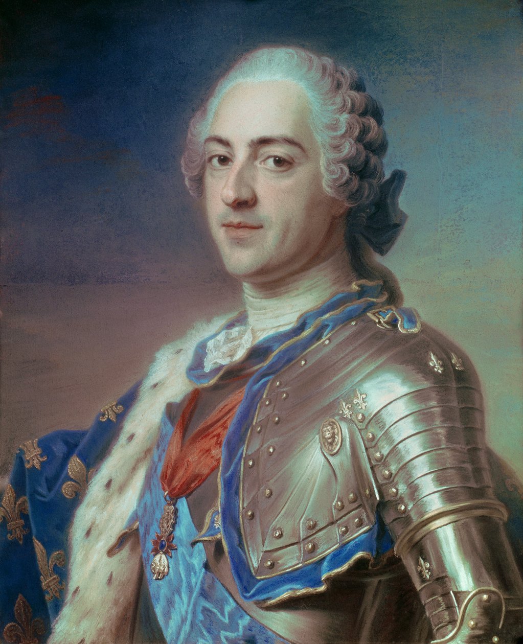 Portrett av Ludvig XV (1710 - 1774) i rustning, med snorene til Den Hellige Ånds Orden og det gylne skinn. Pastell av Maurice Quentin Delatour kjent som Quentin De La Tour eller Quentin De Latour (1704-1788) av Maurice Quentin de La Tour