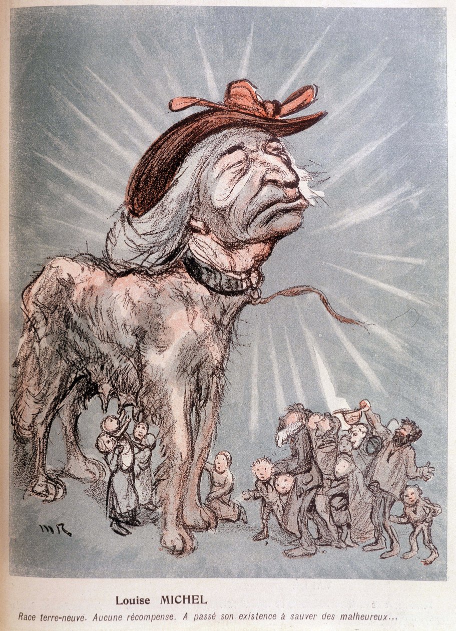 Tegneserie av Louise Michel som en hundrase Newfoundland (Newfoundland), uten kompensasjon, brukte sin eksistens på å redde de uheldige. av Maurice Radiguet