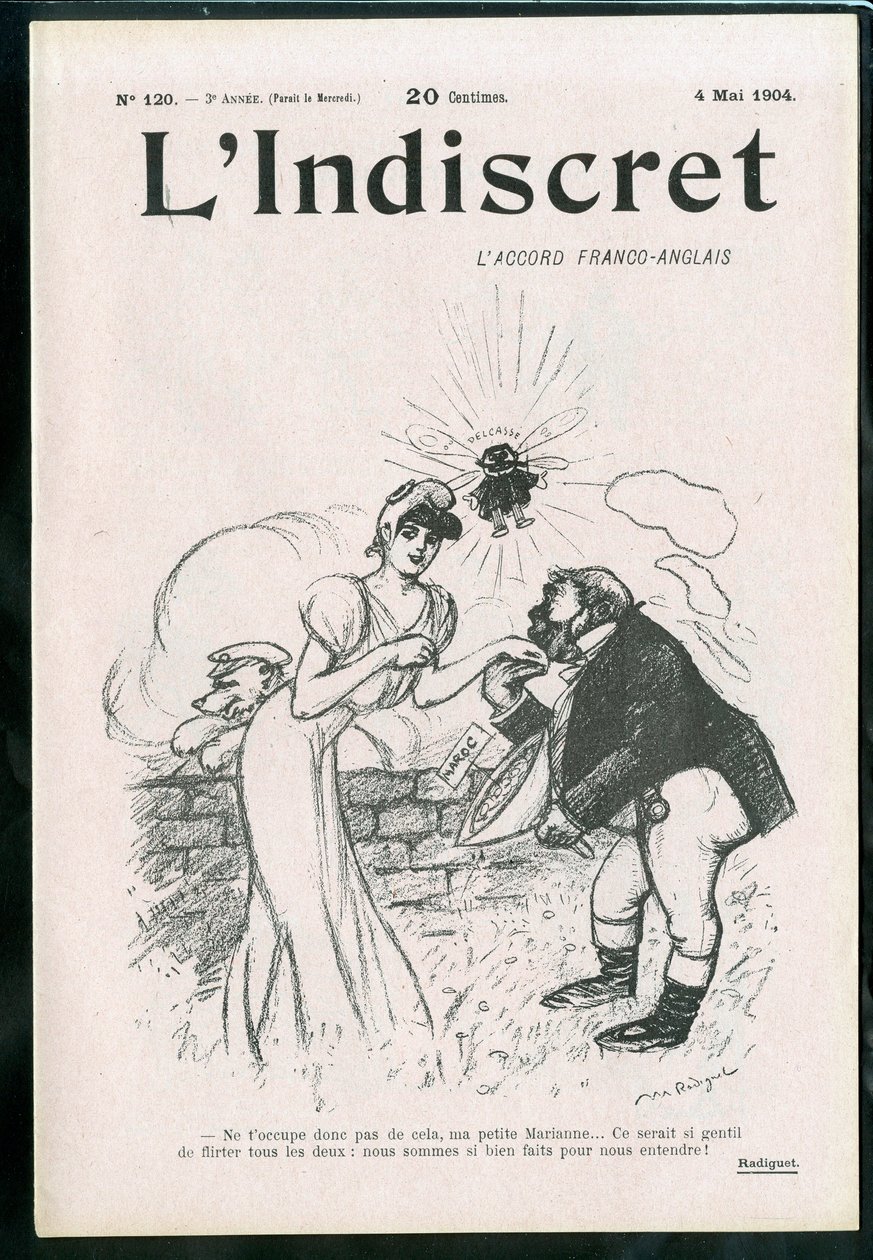 Omslag til “” L'Indiscret””, nummer 1, satirisk i svart-hvitt av Maurice Radiguet