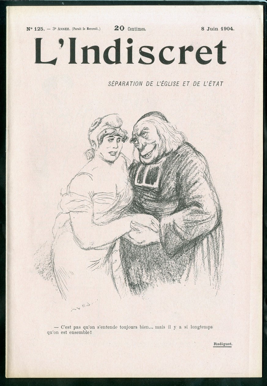 Omslag til “” L'Indiscret””, nummer 1, satirisk i svart-hvitt av Maurice Radiguet