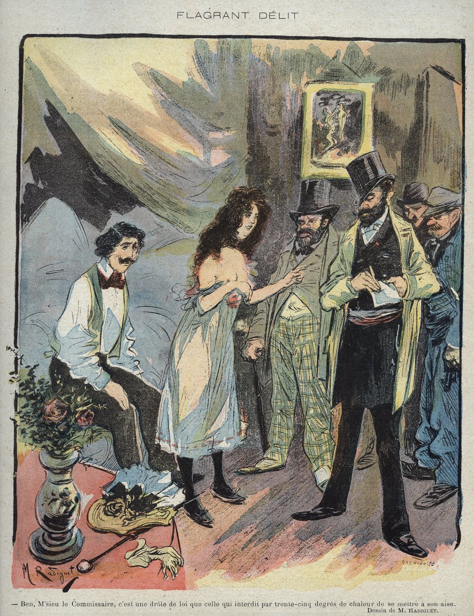 Illustrasjon av Maurice Radiguet (1866-1941) for det franske magasinet "" Le Rire""" nummer 46 de 1895 - "" Flagrant Delit""" - Ben monsieur commissioner, det er en morsom lov som forbyr med 35 graders varme fra bli rolig"" av Maurice Radiguet