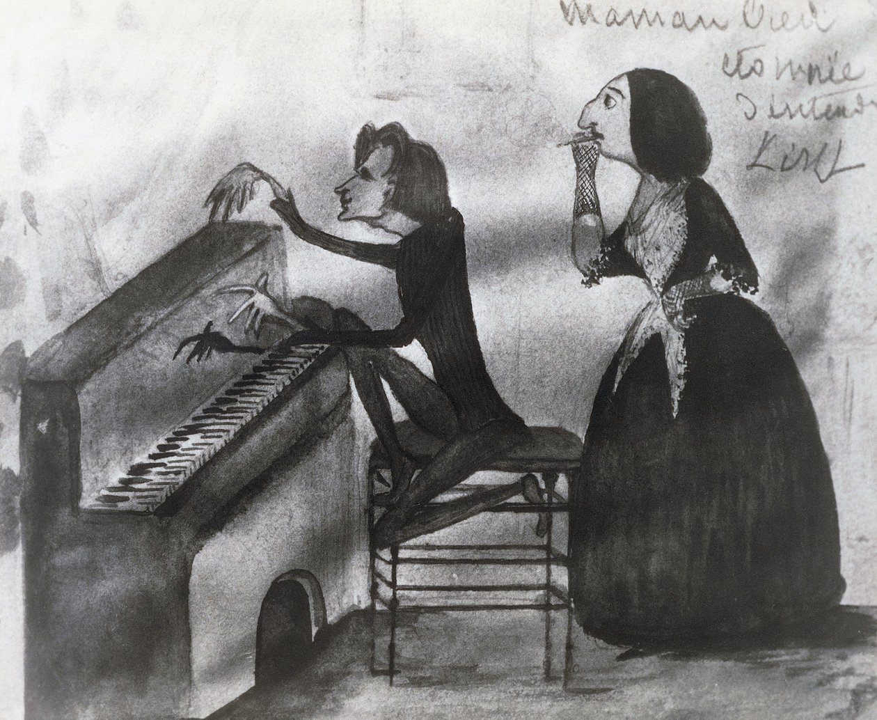 Karikatur av Franz Liszt (1811-1886) og George Sand (1804-1876) i Nohant i 1832, tegning av Maurice Sand (1825-1889) av Maurice Sand