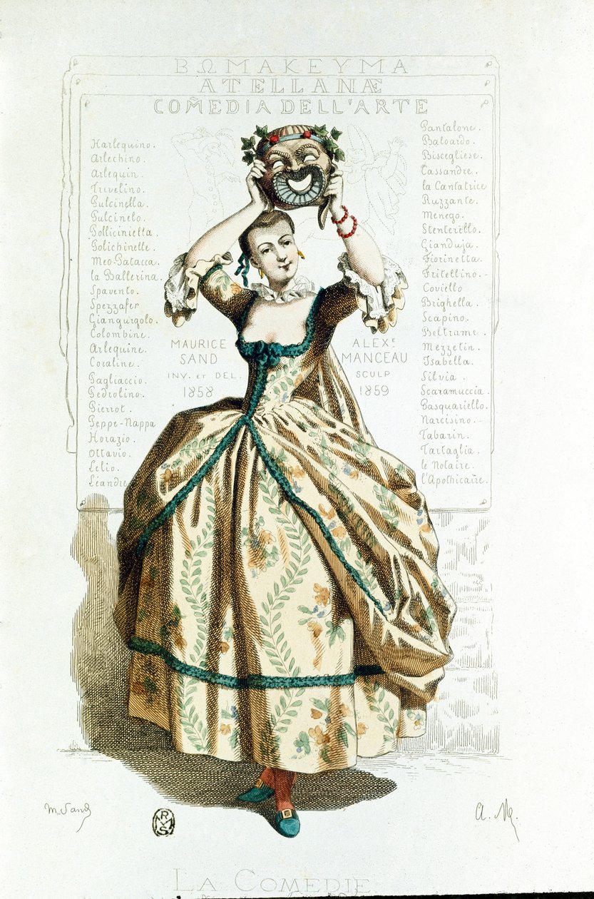 Commedia dell'arte: et kvinnelig karaktersymbol på komedien, vifter med en maske av en komiker, bak en plakat med navnene på de historiske karakterene i den italienske tradisjonen. Litografi av Maurice Sand og Alex Manceau av Maurice Sand