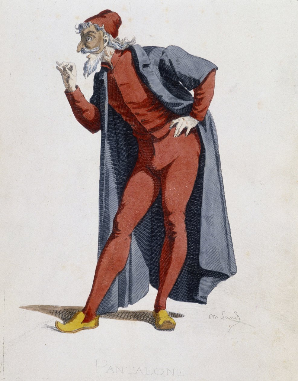 Kostyme og teaterkarakter: Pantalone (bukser, lege) Dekk fra "" Masques et bouffons"" (italiensk komedie), tekst og tegninger av Maurice Sand, trykk av A. Manceau, forord av Georges Sand, Paris, Michel Lévy Frères av Maurice Sand