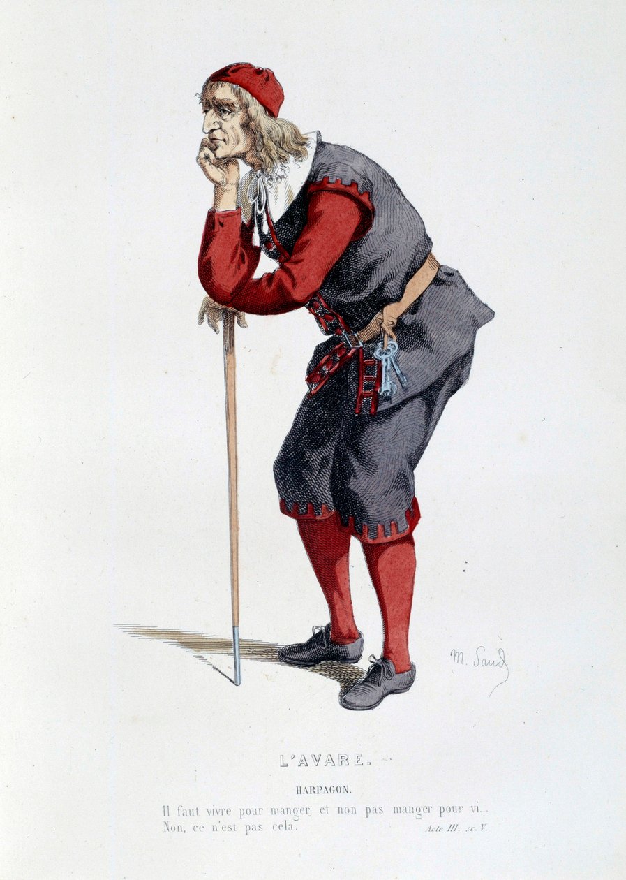 Kostyme for karakteren til Harpagon i stykket "" L'avare"" av Moliere (Jean Baptiste Poquelin). illustrasjon av Maurice Sand (1823-1889) Paris fra 1800-tallet, Comedie francaise av Maurice Sand