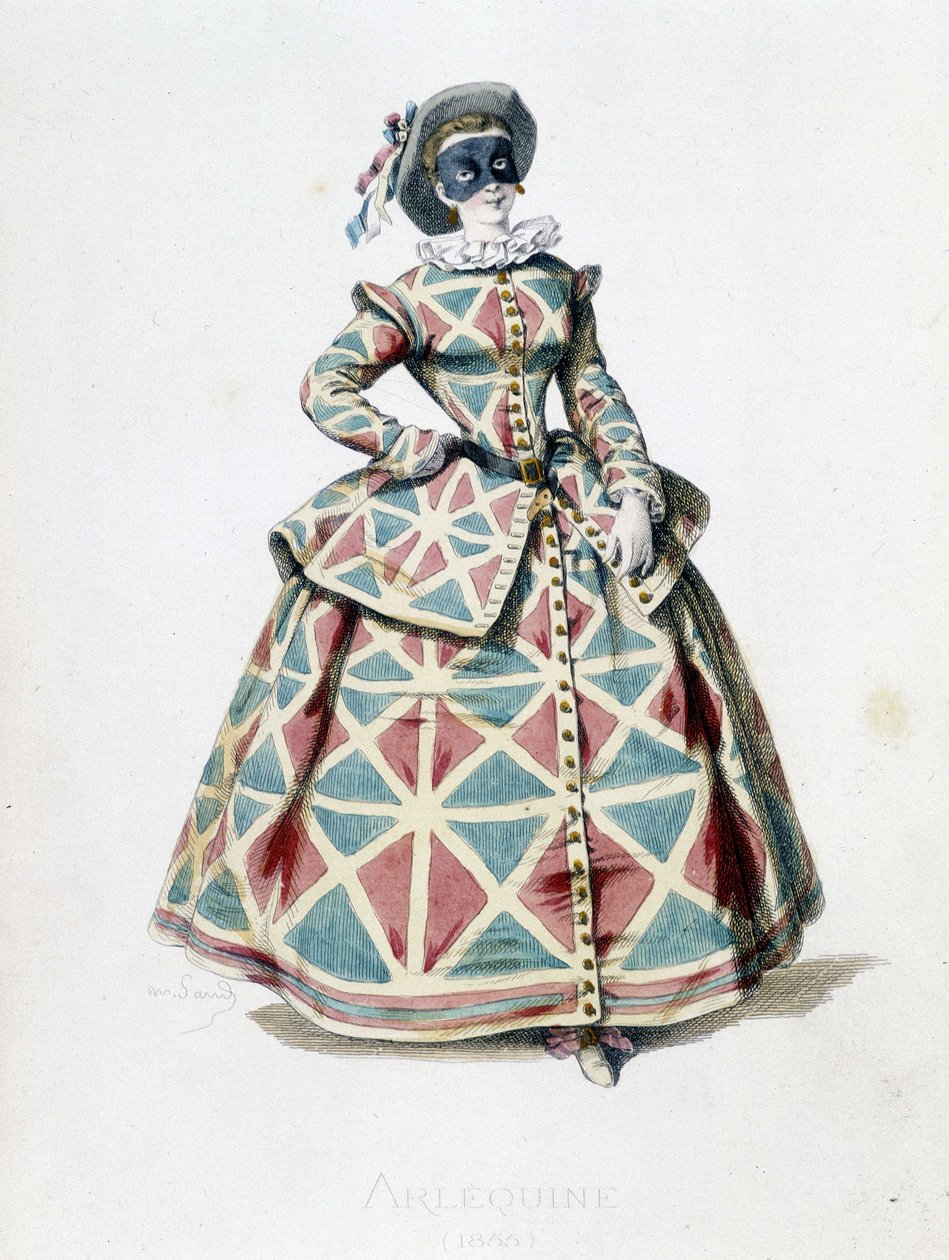 Harlekin-kostyme og maske i 1855, kvinnelig karakter av Harlekin i commedia dell