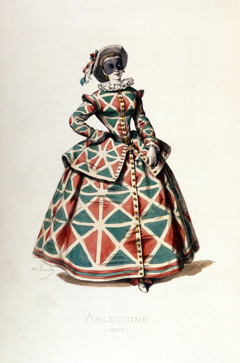 Harlekin-kostyme og maske i 1855, kvinnelig karakter av Harlekin i commedia dell