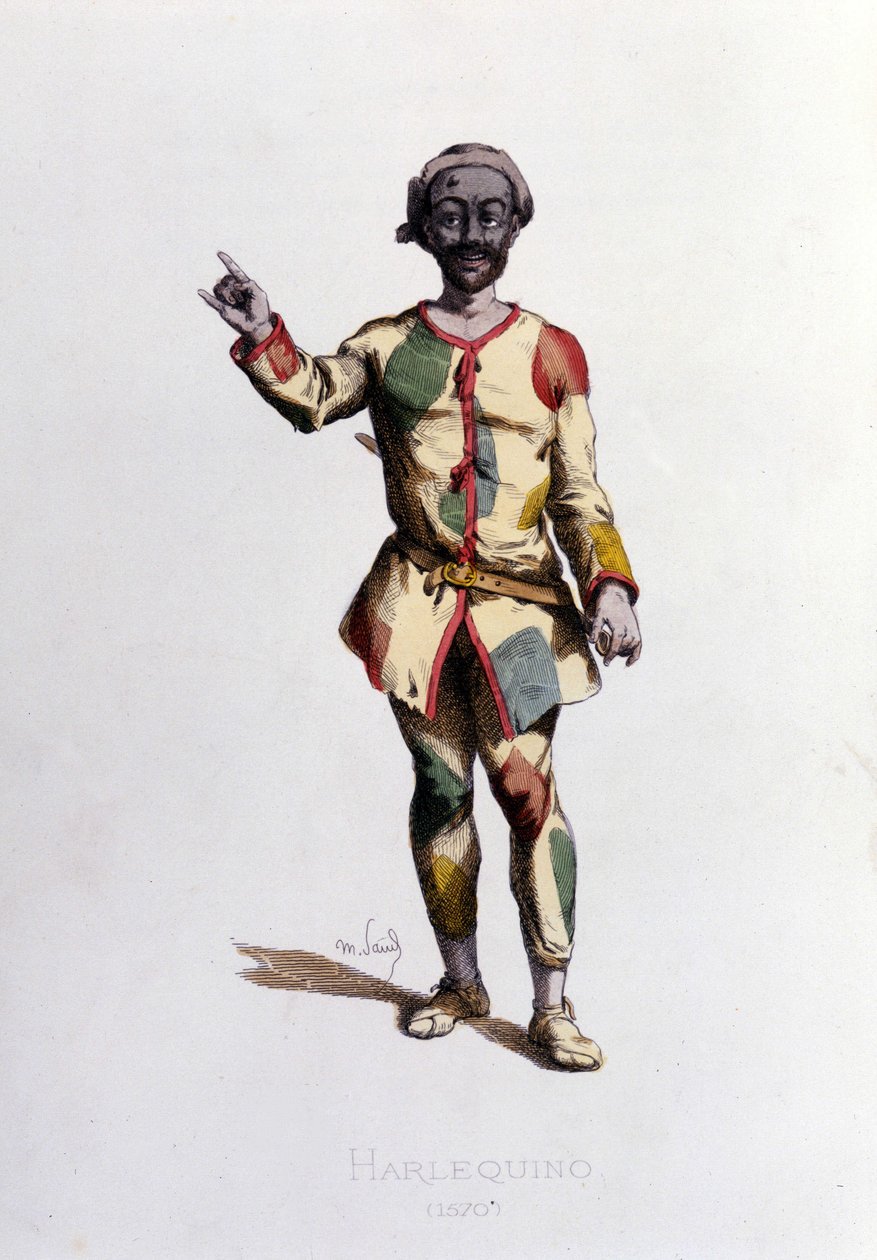 Harlekin i 1570. Maurice Sand “” Masks and Jesters”” Paris 1800-tallet. (Maurice Sand var sønn av George Sand) av Maurice Sand