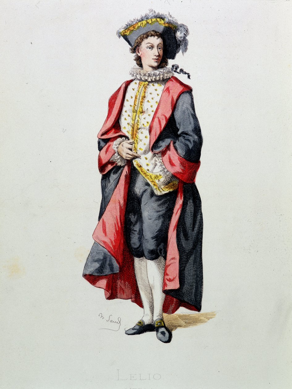 Lelio tegner fra «Masques et bouffons» (italiensk komedie), tekst og tegninger av Maurice Sand (1823-1890), graveringer av A. Manceau, forord av Georges Sand, Paris, Michel Levy Freres av Maurice Sand