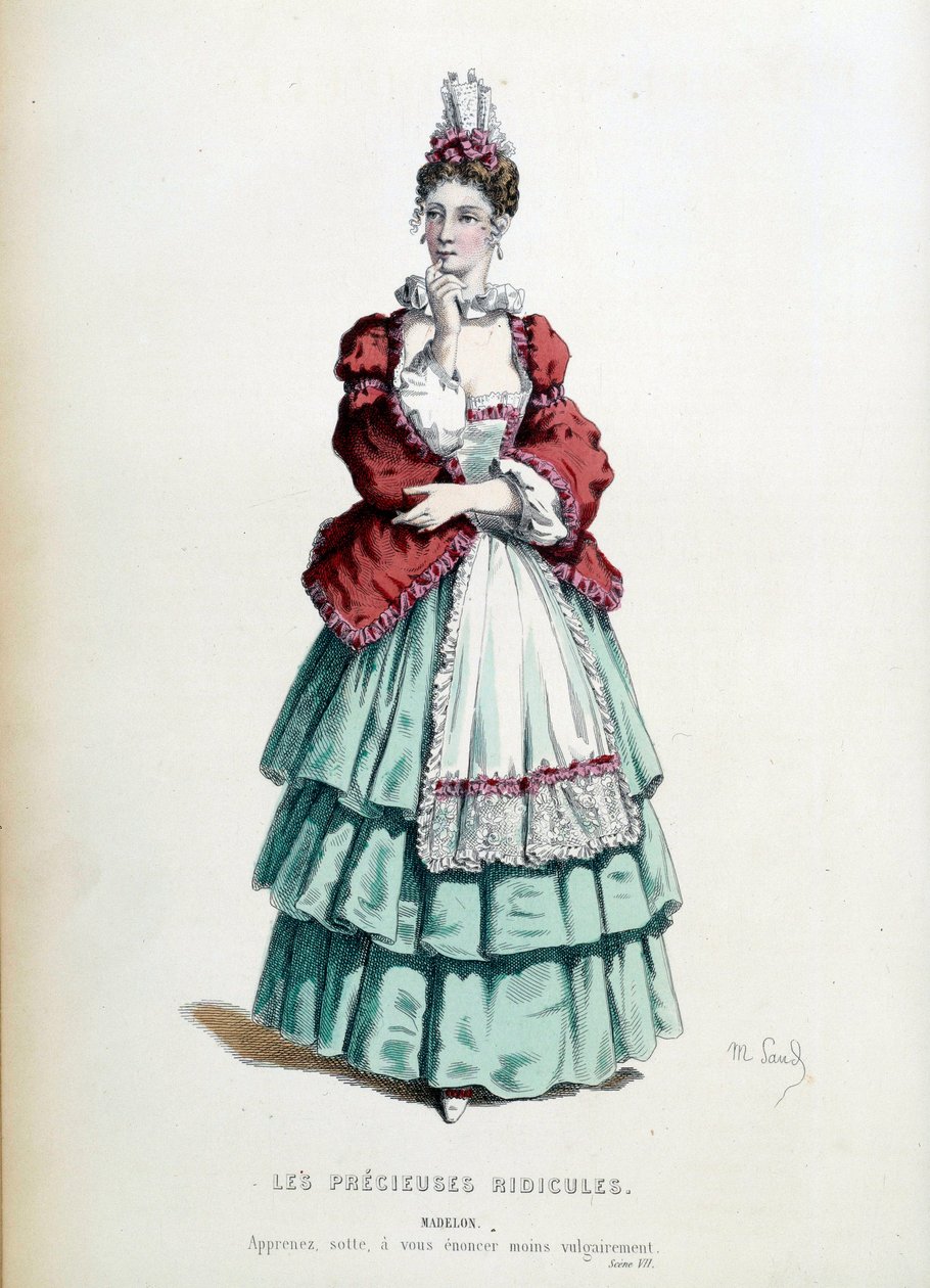Madelons kostyme i stykket «Les precieuses ridicules» av Jean Baptiste Poquelin dit Moliere, illustrert av Maurice Sand (1823-1889). 1868. Paris, fransk komedie av Maurice Sand