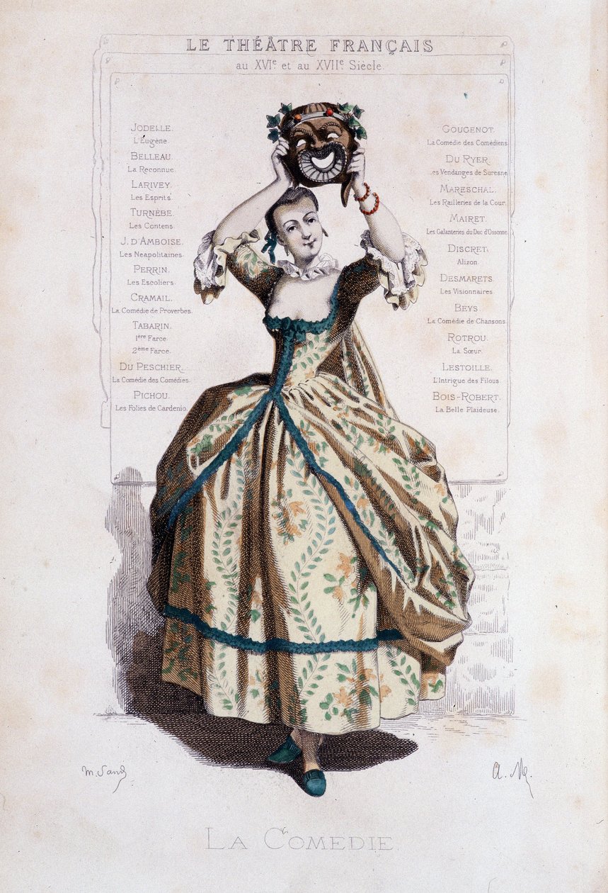 Personifisering av commedia del arte. - Frontispice av “Masques et bouffons”” (italiensk komedie), tekst og tegninger av Maurice Sand (= Maurice Dudevant), graveringer av A. Manceau, forord av Georges Sand, Paris, Michel Lévy Frères av Maurice Sand