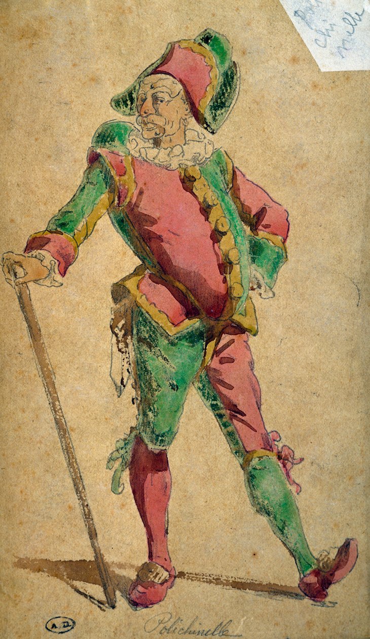 Pulcinella, Commedia dell'arte-karakter, tegning av Maurice Sand (1823-1889) av Maurice Sand