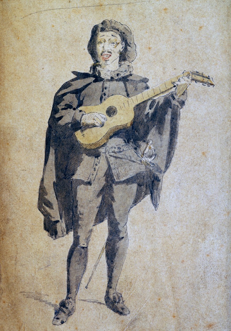 Scaramouche, illustrasjon av Maurice Sand (1823-1889), gravering fra Commedia dell'Arte-studie med tittelen Masks and Bouffons, French Theatre, Paris av Maurice Sand