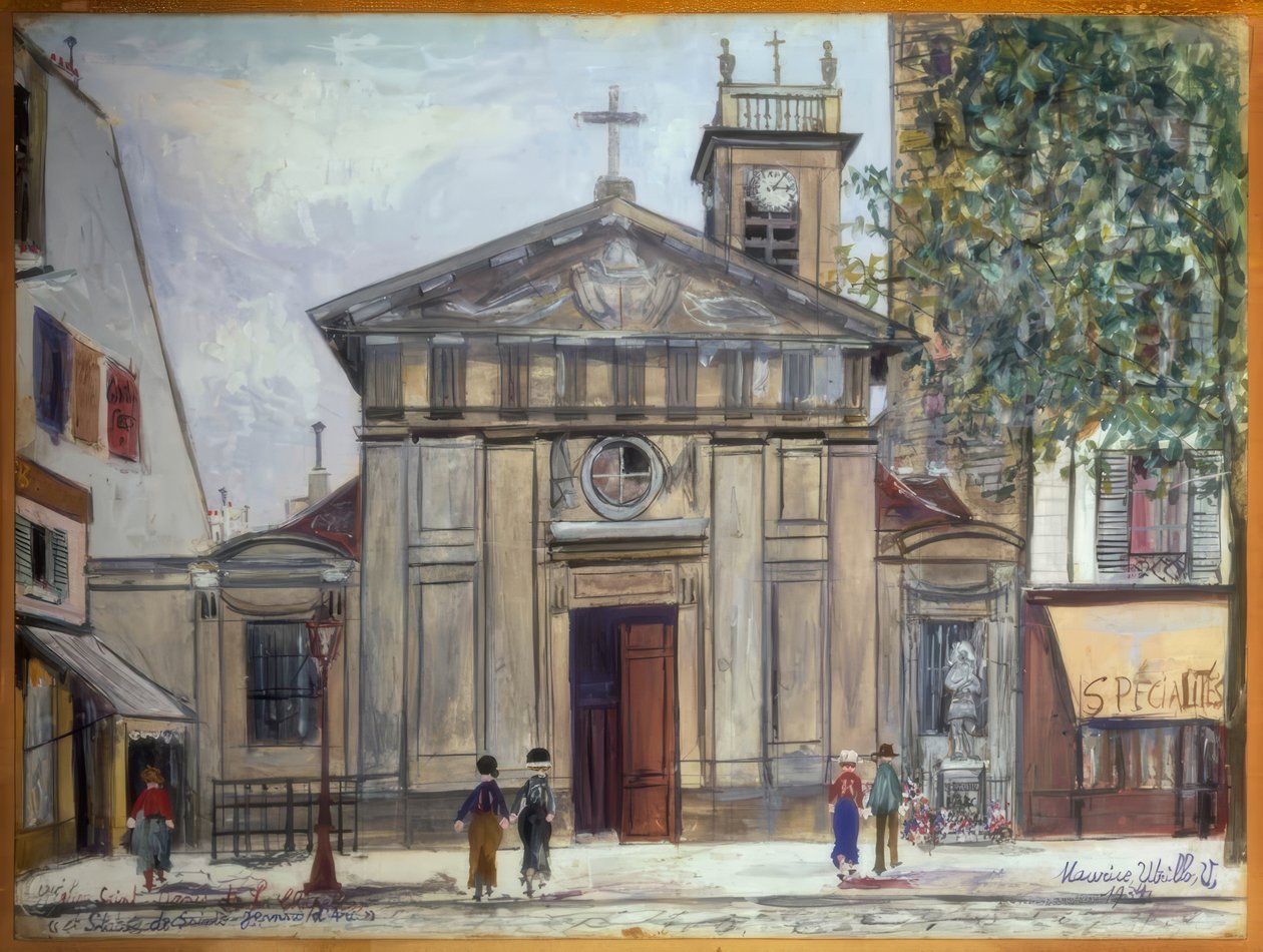 Saint-Denis de la Chapelle-kirken og statuen av Jeanne d#39;Arc av Maurice Utrillo