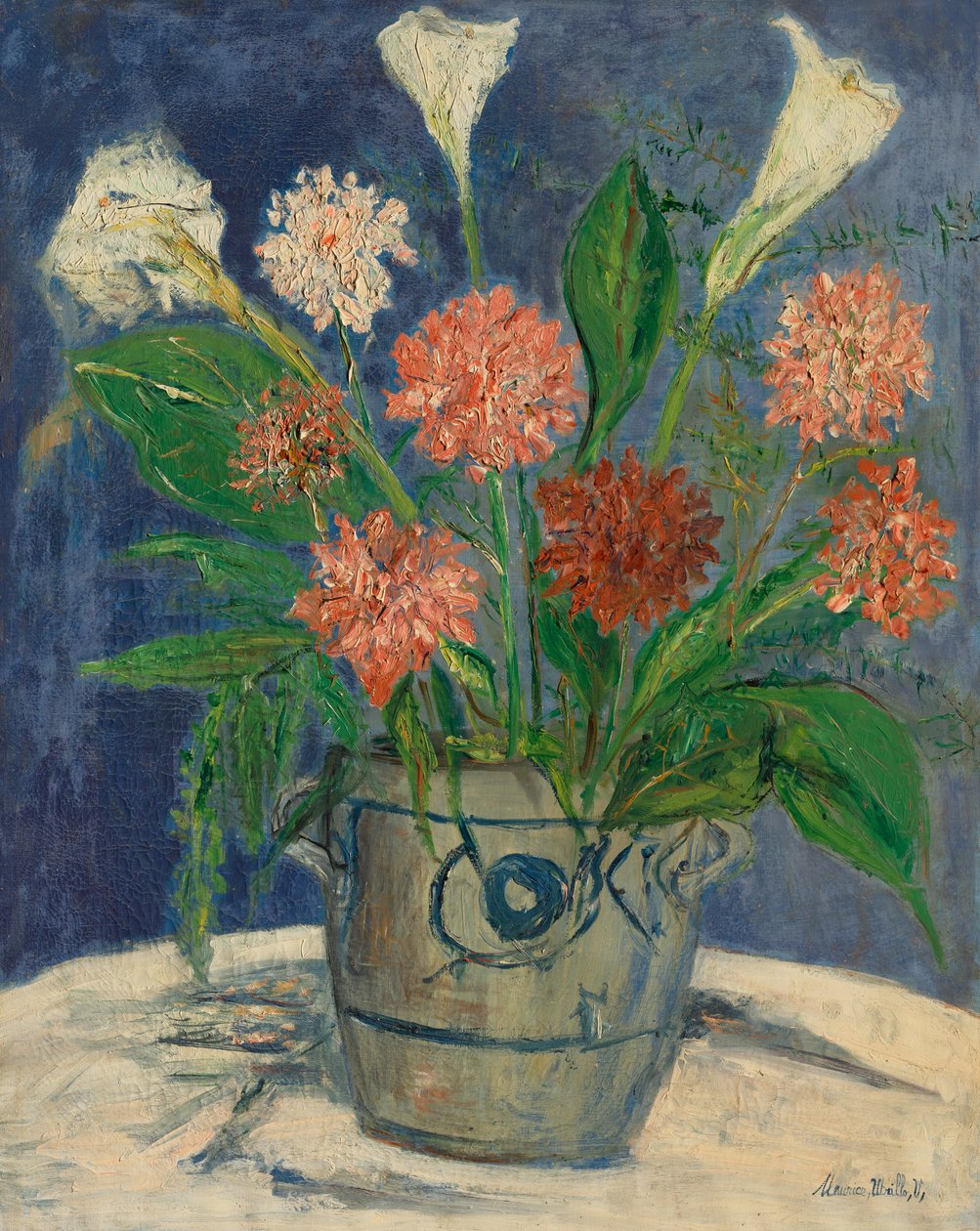 Vase med arumliljer og georginer, ca. 1932 (olje på lerret) av Maurice Utrillo