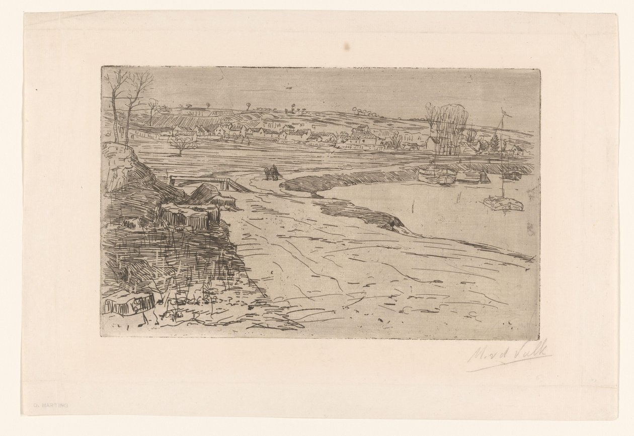 Landskap med hus og vann med fortøyde seilbåter av Maurits van der Valk (signed by artist)