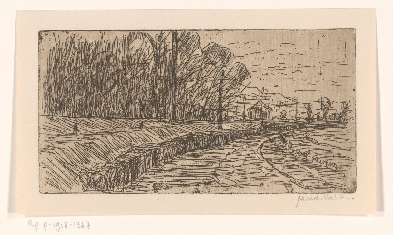 Landskap med vei, skogkant og strømstolper av Maurits van der Valk (signed by artist)