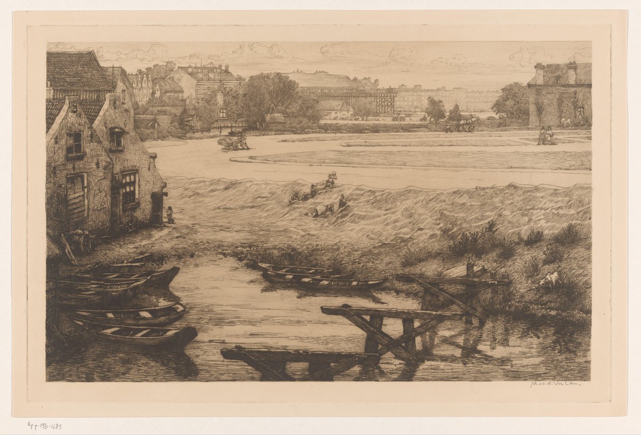Gamle hus og vann ved Surinameplein i Amsterdam Surinameplein (original tittel) av Maurits van der Valk (signed by artist)