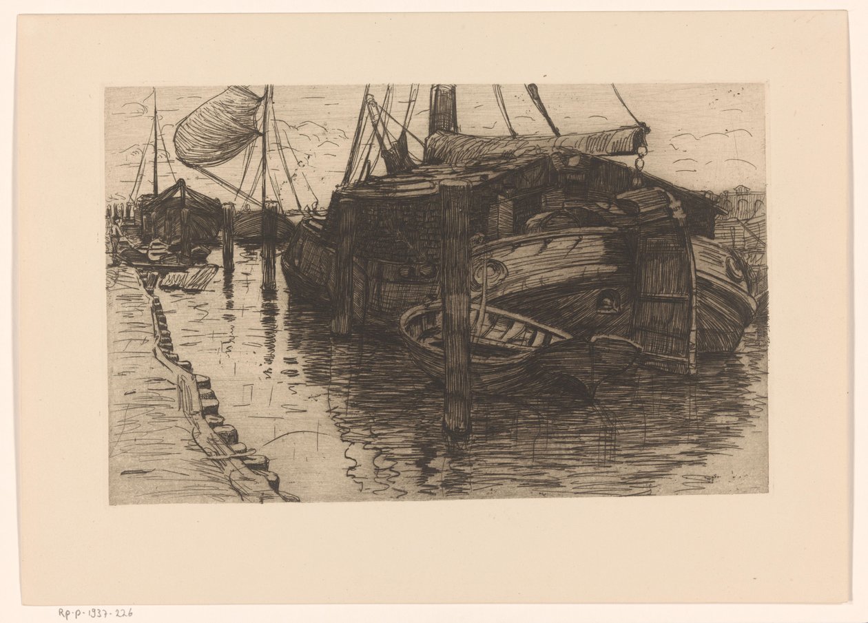 Fortøyde båter i en havn Fortøyd seillekter (original tittel) av Maurits van der Valk