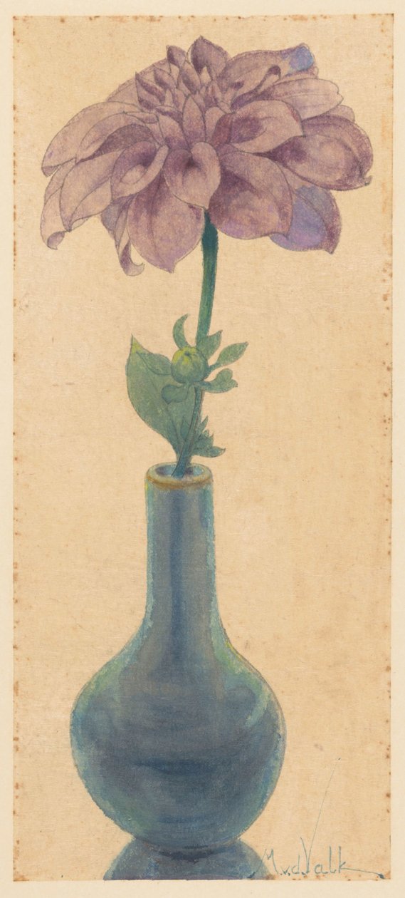 Blå glassvase med lilla Dahlia av Maurits van der Valk