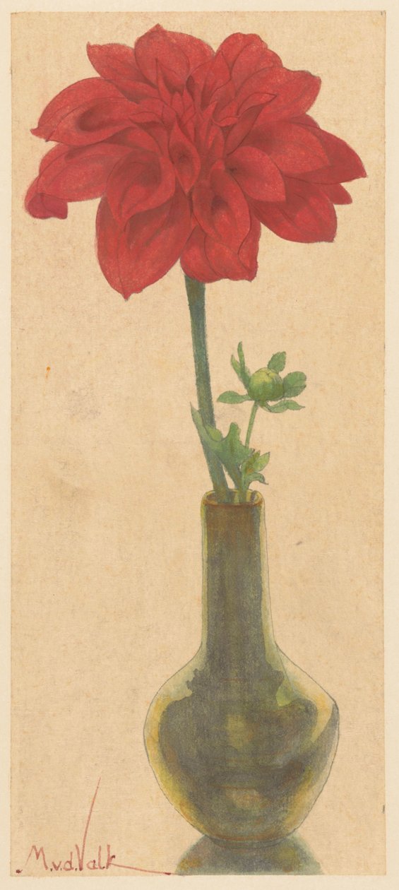 Glassvase med rød Dahlia av Maurits van der Valk