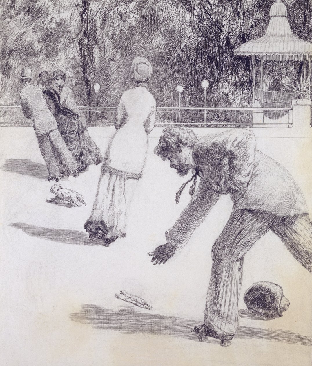 Handling fra «Paraphrase on the Discovery of a Glove», pub. 1881, 1878 (vasket indisk blekk og penn) av Max Klinger