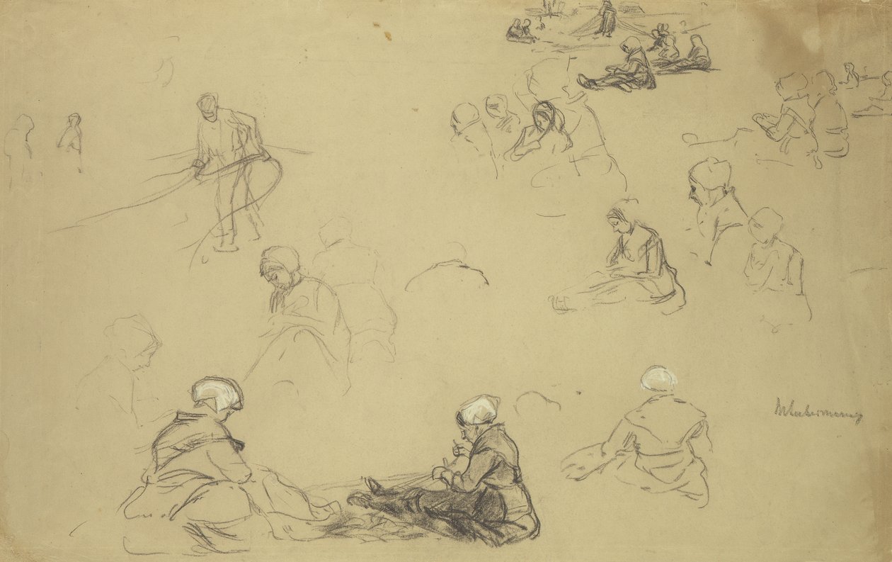 En studie av garnreparatører (kritt og kull på papir) av Max Liebermann