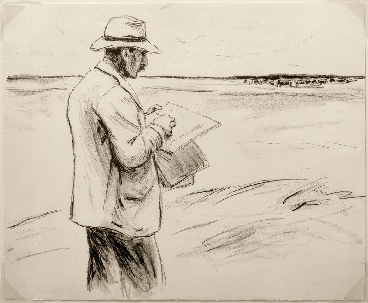 M.Liebermann, selvportrett, tegning utendørs av Max Liebermann
