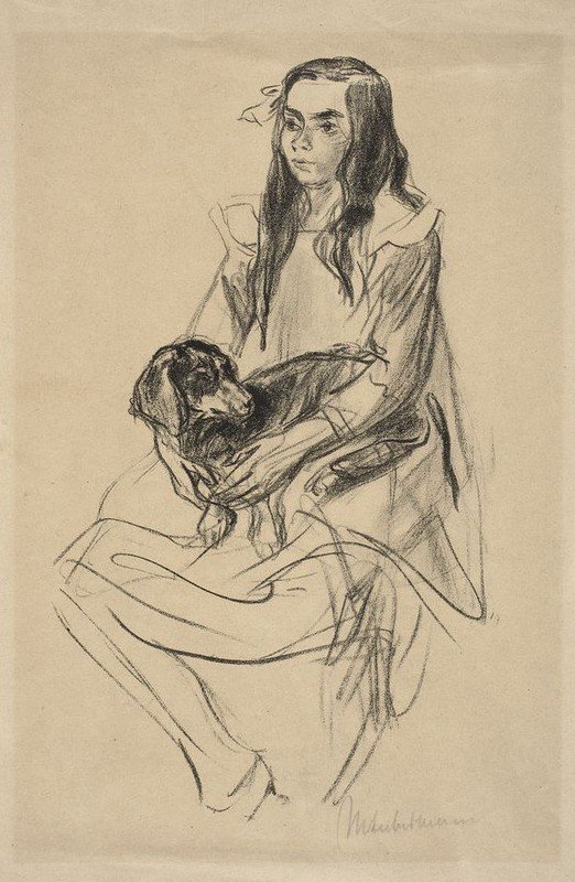 Sittende jente med dachshund av Max Liebermann