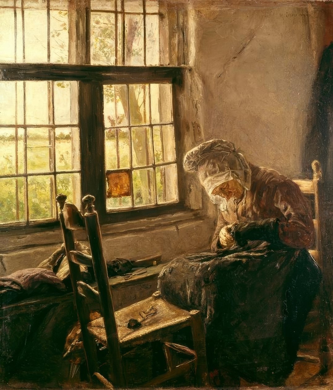 Gammel kvinne stapper ved vinduet av Max Liebermann