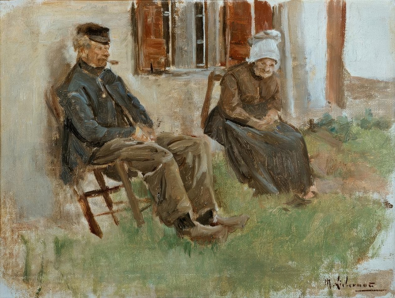 Studie fra Holland: gammelt par som sitter foran et hus av Max Liebermann