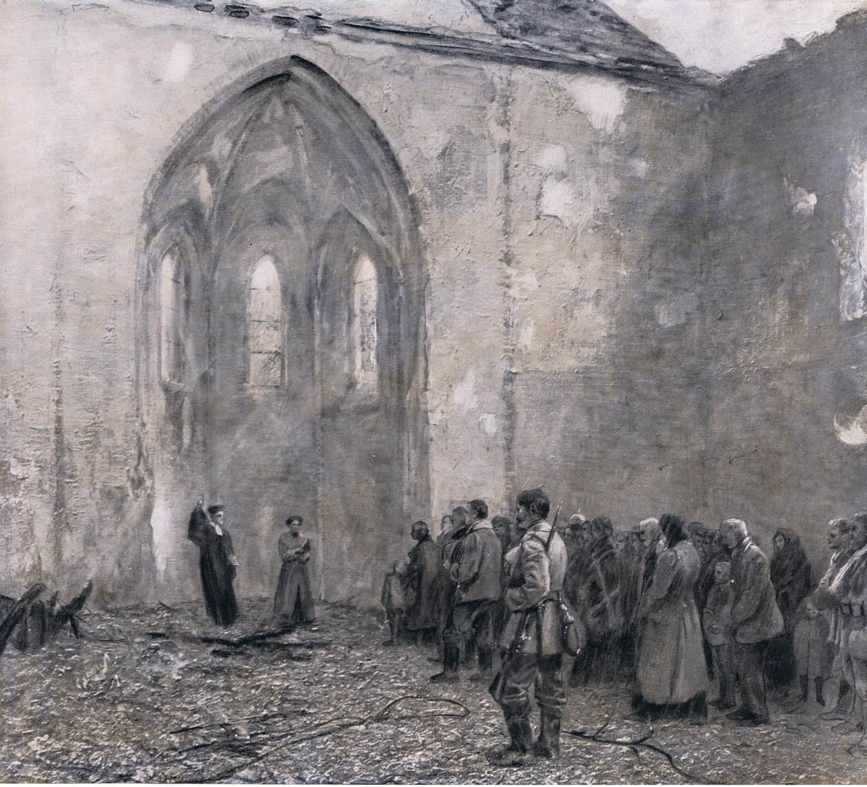Øst-Preussen etter de russiske «terrordagene». Den første gudstjenesten i den ødelagte kirken ved Luck, illustrasjon fra Hindenburg utgitt av Daterlandischer Derlag C U Weller Berlin, 1922 av Max Rabes
