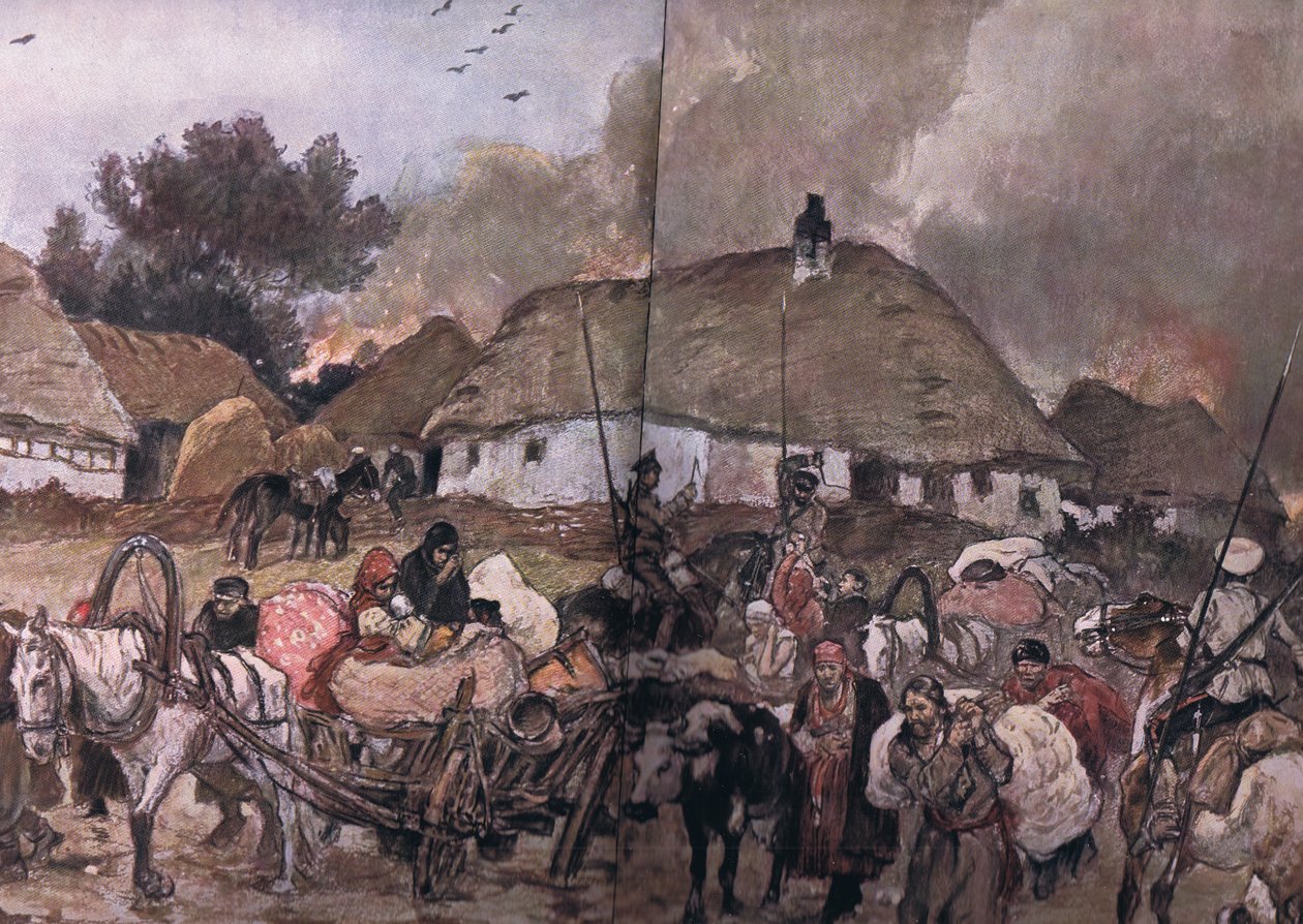 På vei til Brest-Litowsk: Polske flyktninger med kosakker etter på baksiden, fra puben The Illustrated History of the World War 1914-1915. av Union Berlagsefellfchaft, 1922 Vol. 3 av Max Tilke