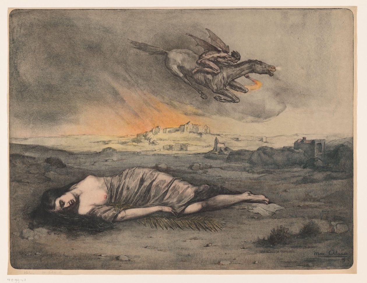 Tilbakelent kvinne og flygende rytter med fakkel av Max Alexander Alandt (signed by artist)