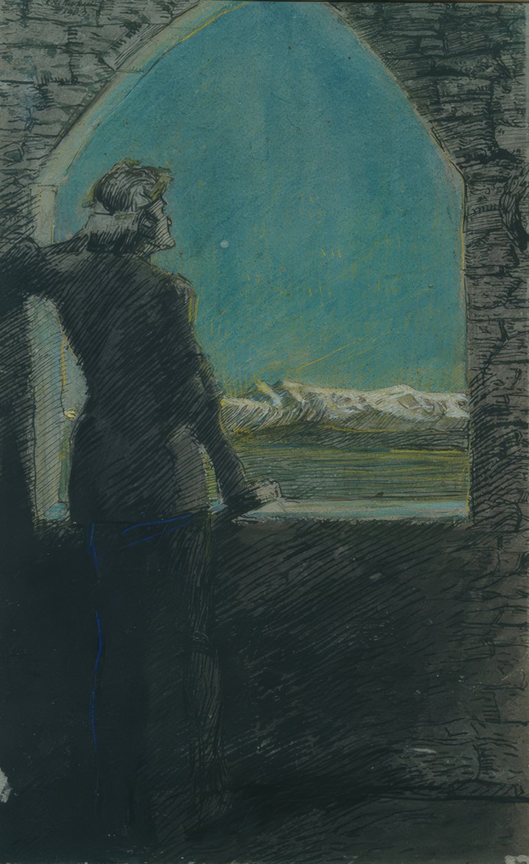 Kranset ung mann, ser inn i det fjerne fra en gammel vegg av Max Beckmann