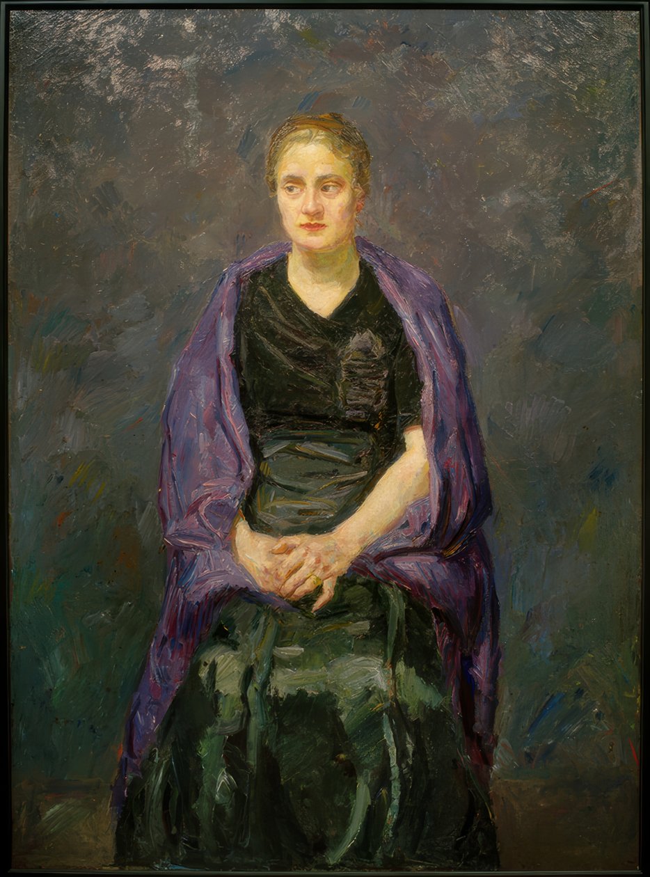Portrett av Minna Beckmann-Tube med lilla skjerf av Max Beckmann