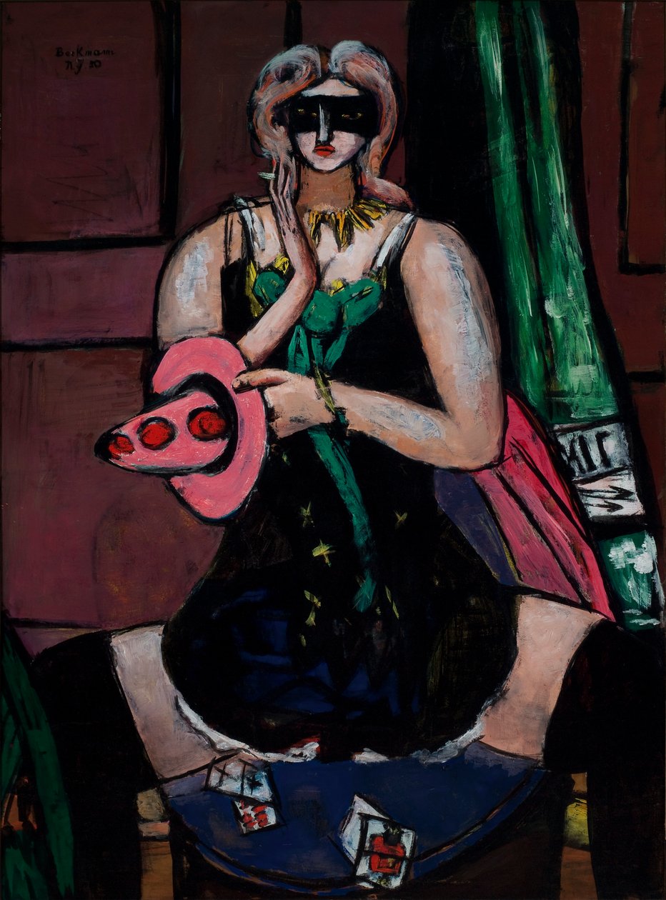 Karnevalsmaske, grønn, fiolett og rosa (akeleje) av Max Beckmann