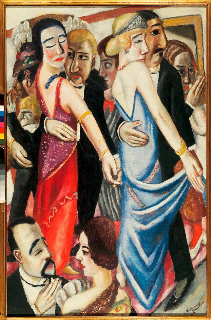 Dans i Baden Baden (Tyskland). Beskrivelse av par i kveldskjole, med trist utseende. Maleri av Max Beckmann (1884-1950), olje på lerret av Max Beckmann