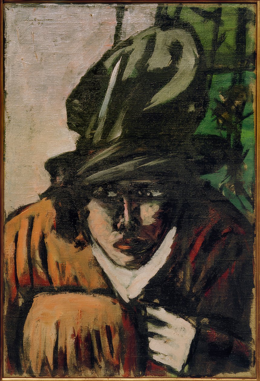 Kvinne med lue og muffe av Max Beckmann