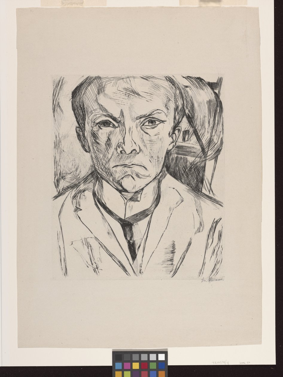 Frontal Selvportrett Med Husgavl I Bakgrunn av Max Beckmann