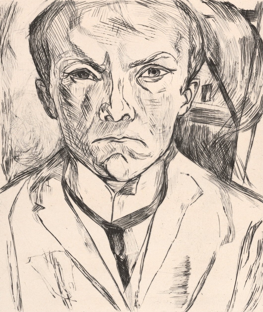 Selvportrett forfra med husgavl i bakgrunnen av Max Beckmann