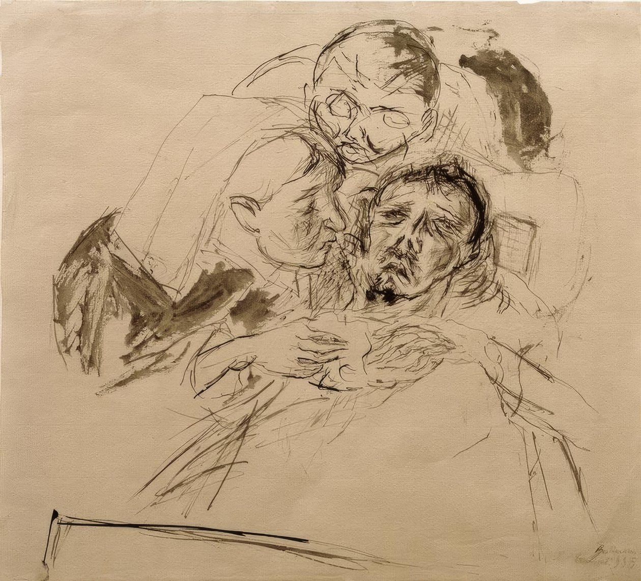 Sykepleier og mannsfigur, bøyd over en syk person av Max Beckmann